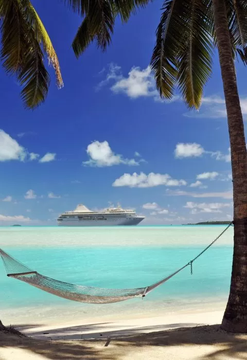 A cruise ship passes an idyllic tropical island in the South Pacific
